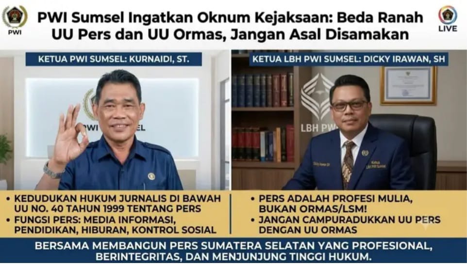 PWI Sumsel Ingatkan Oknum Kejaksaan: Beda Ranah UU Pers dan UU Ormas, Jangan Asal Disamakan