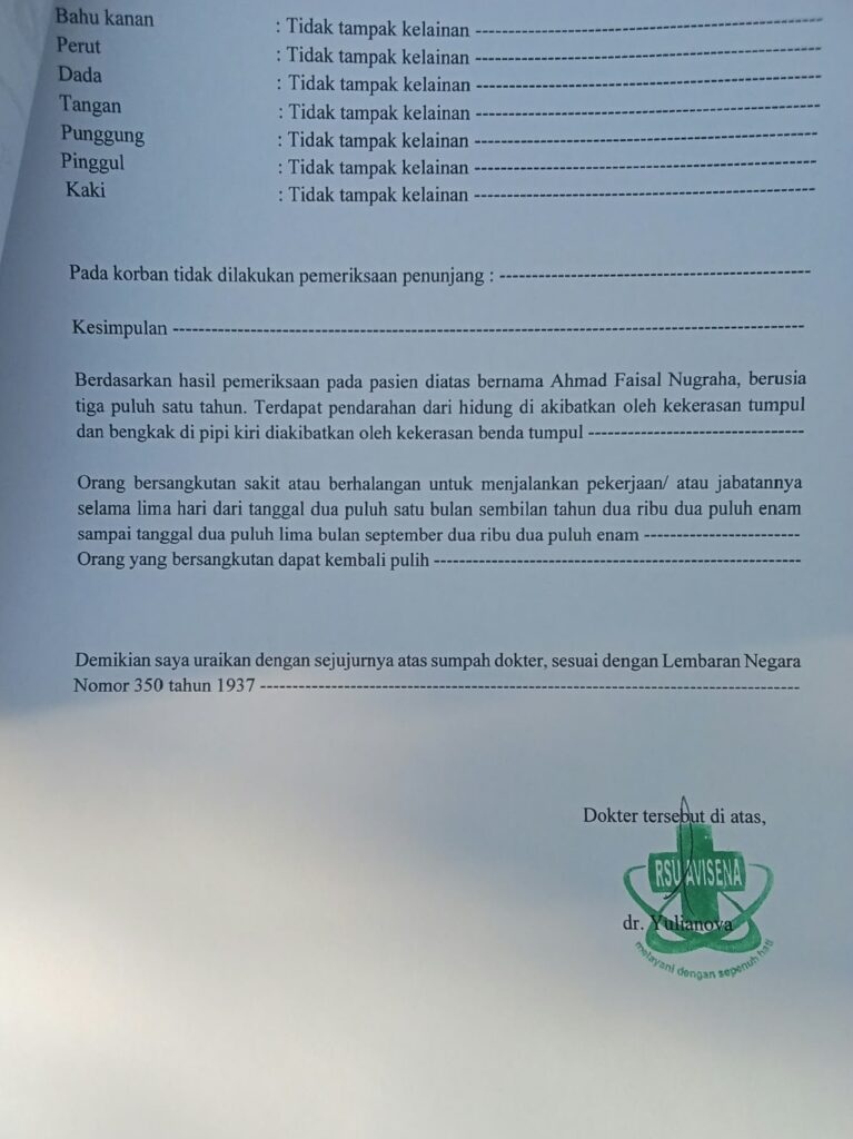Hasil Visum korban AFN